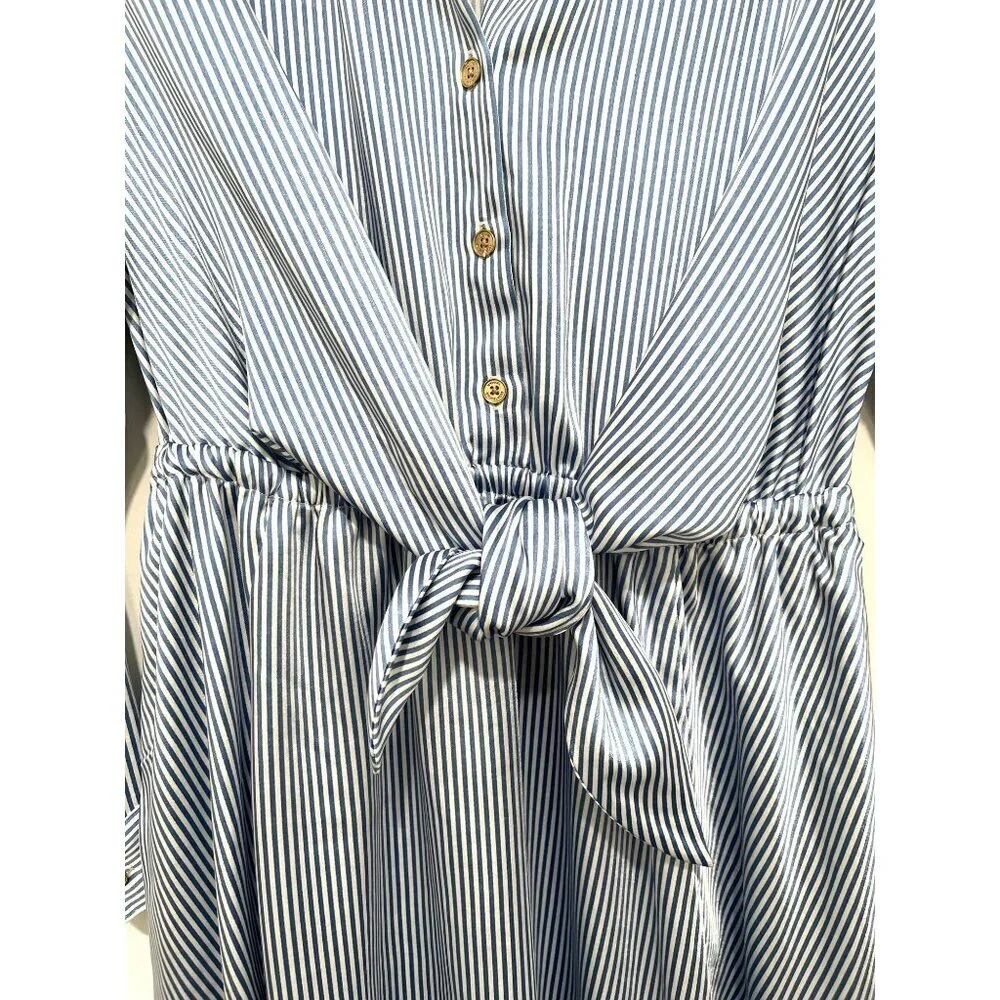 Michael Kors Blue White Striped Button-Down Tie-Waist Midi Shirt Dress M NWT